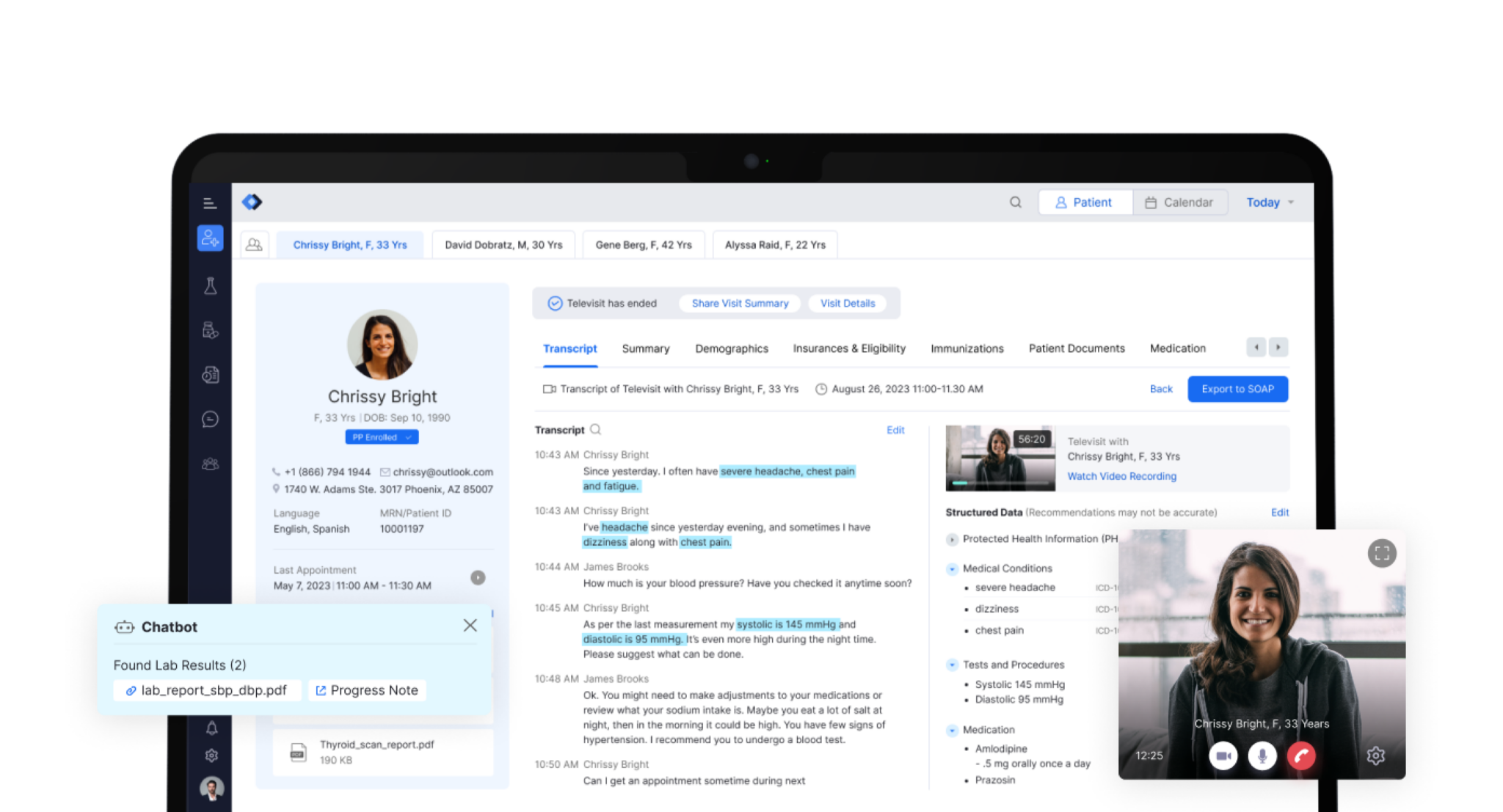 Snapshot of Telehealth-integrated EHR’s UI highlights